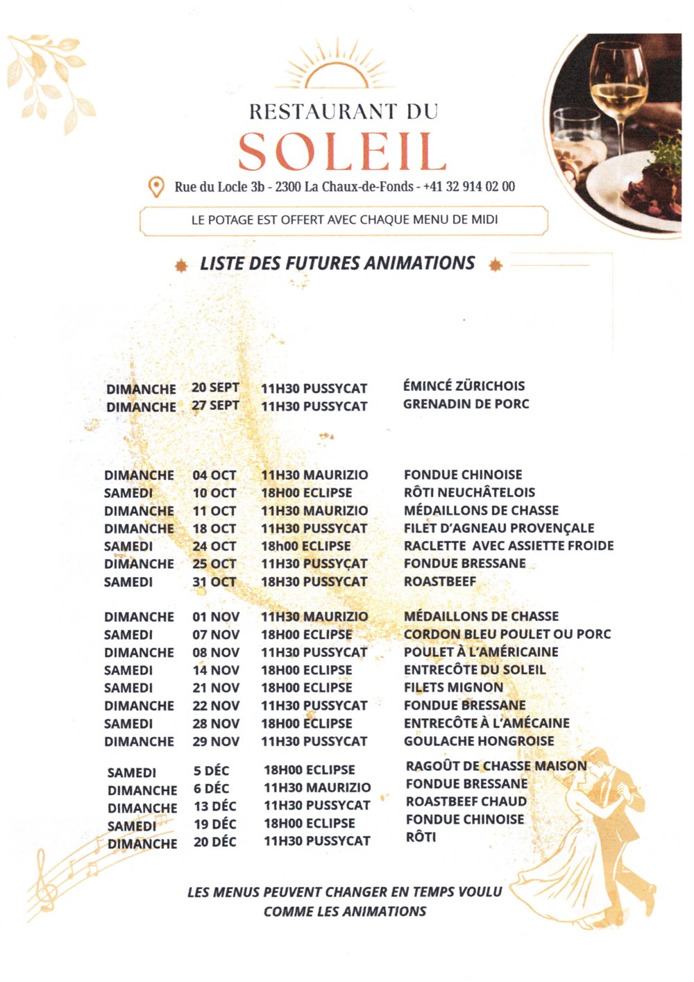 Liste des futures animations du restaurant du Soleil, de septembre à décembre