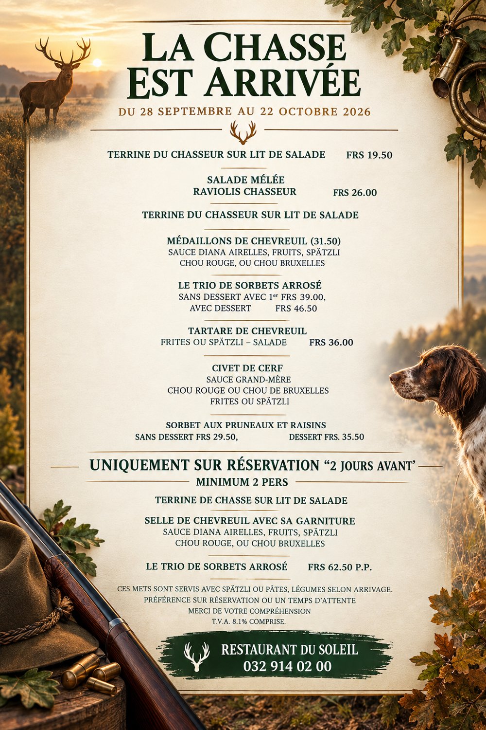 Menu de la chasse du restaurant du Soleil, du 28 septembre au 22 octobre 2026