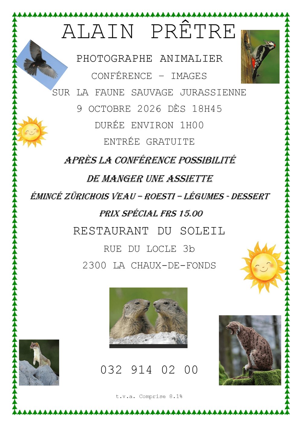 Affiche de la conférence photo d'Alain Prêtre sur la faune sauvage jurassienne