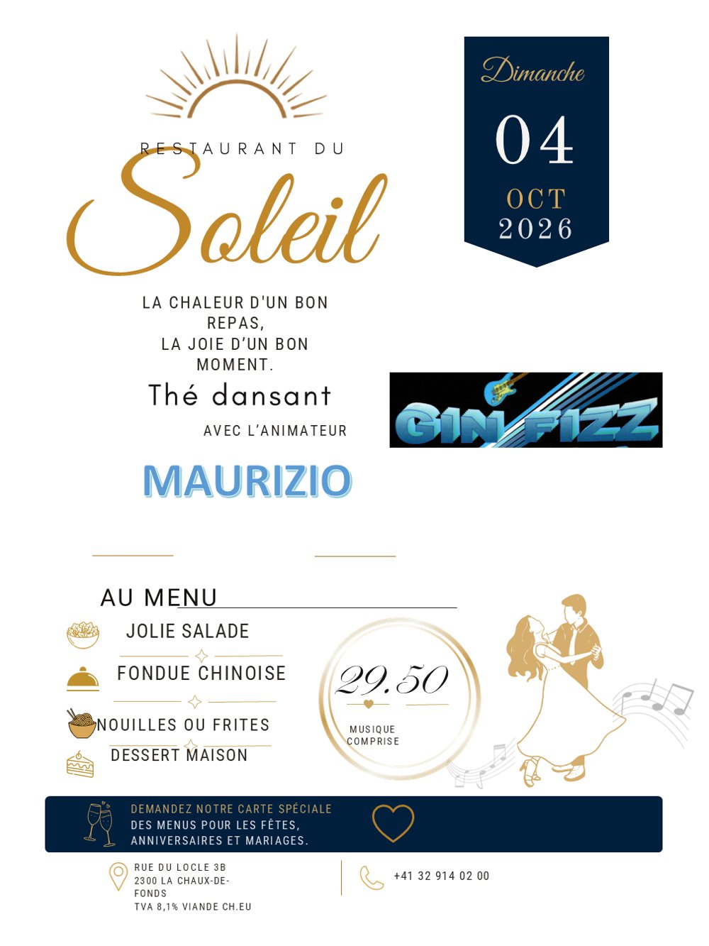 Affiche du thé dansant du 4 octobre avec Maurizio (Gin Fizz)