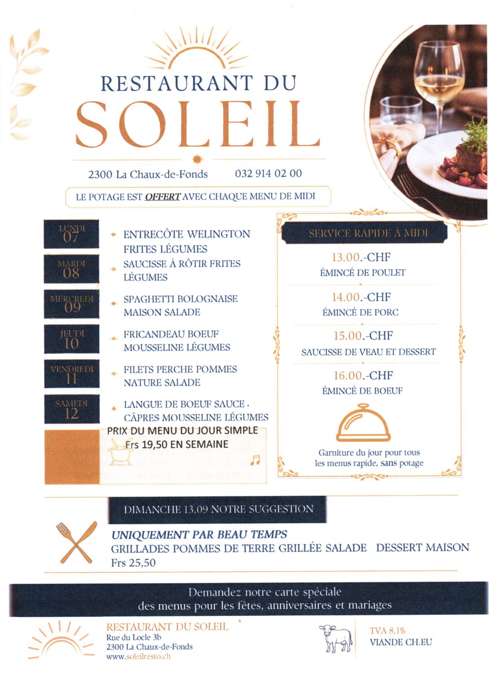 Menu de la semaine du restaurant du Soleil