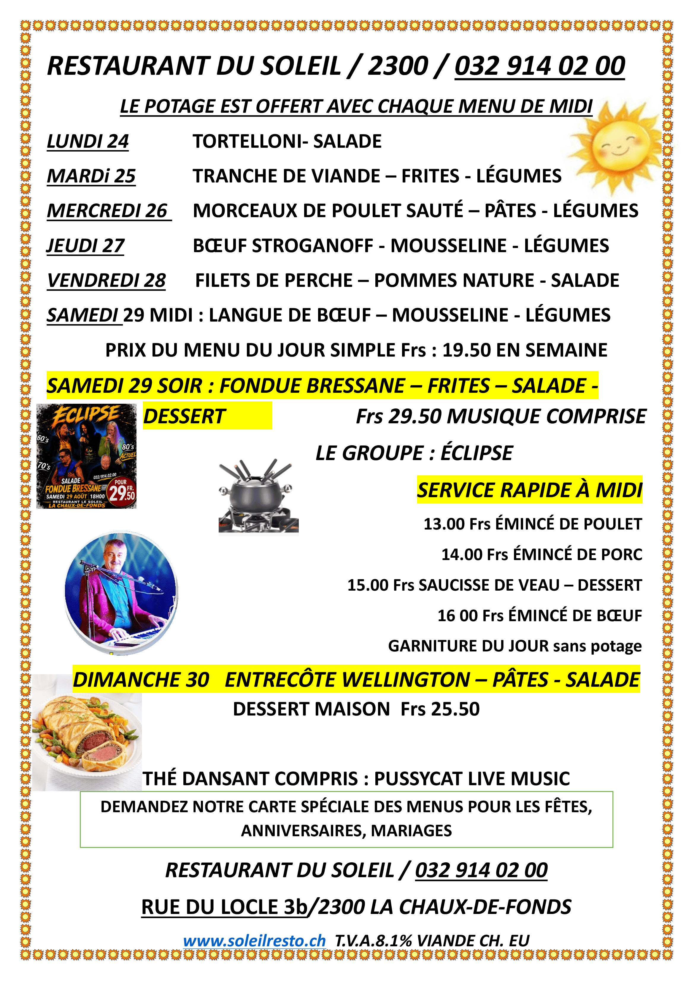 Menu de la semaine du restaurant du Soleil
