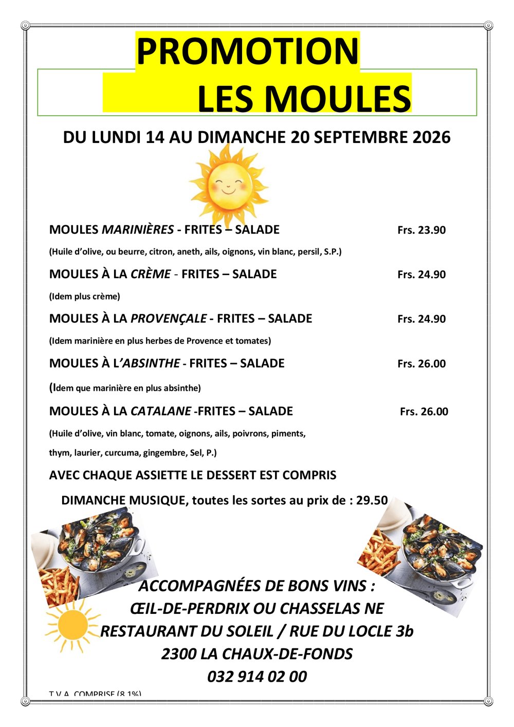 Promotion moules du restaurant du Soleil, du 14 au 20 septembre 2026