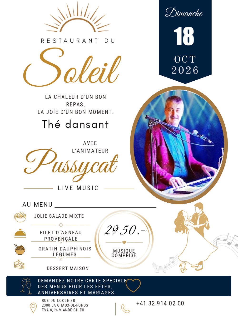 Affiche du thé dansant du dimanche 18 octobre avec Pussycat Live Music