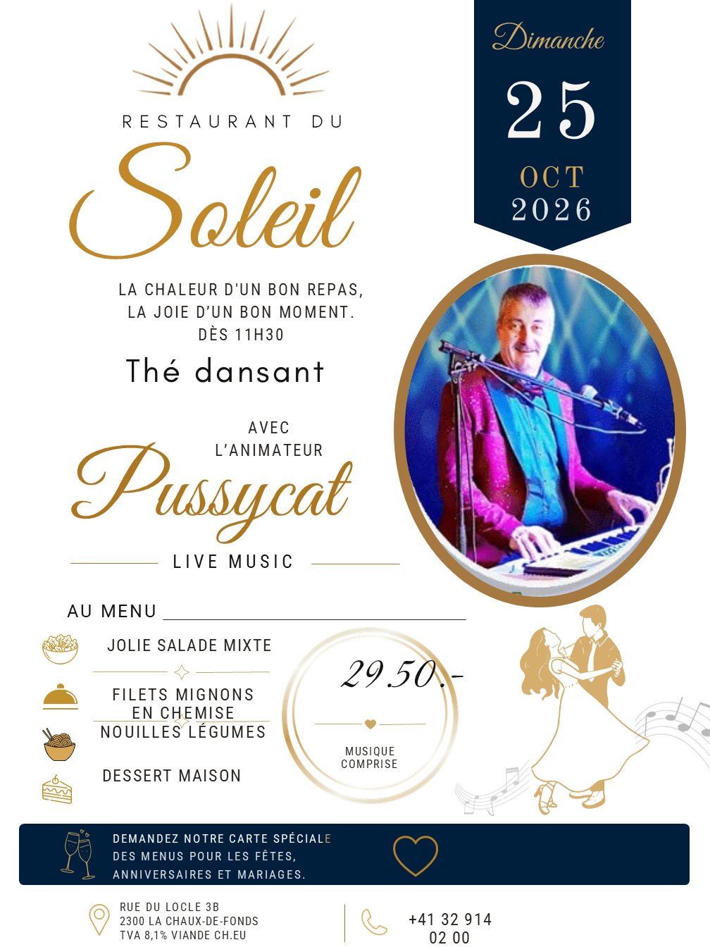 Affiche du thé dansant du dimanche 25 octobre avec Pussycat Live Music
