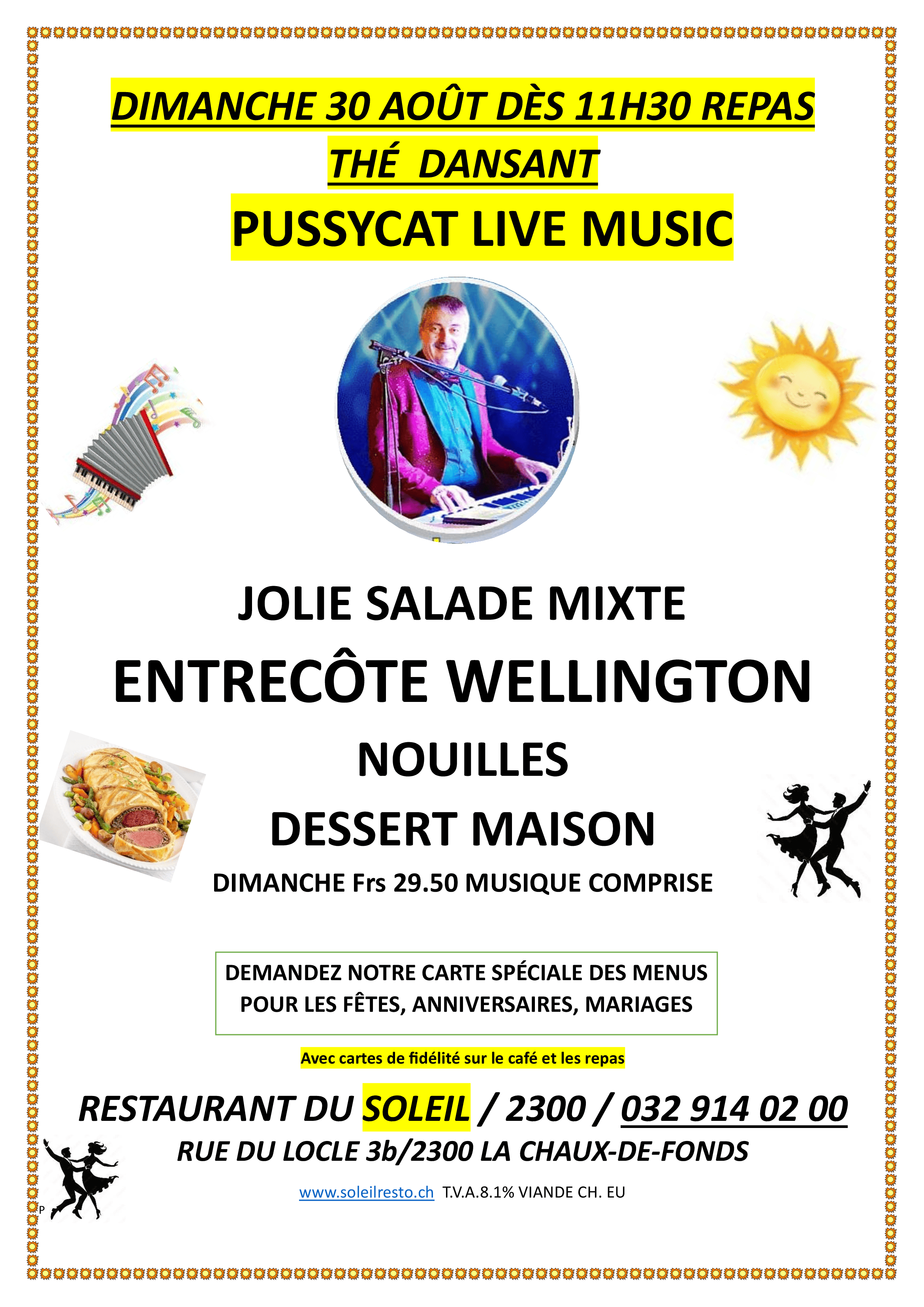 Affiche du thé dansant du 30 août au restaurant du Soleil, avec Pussycat Live Music